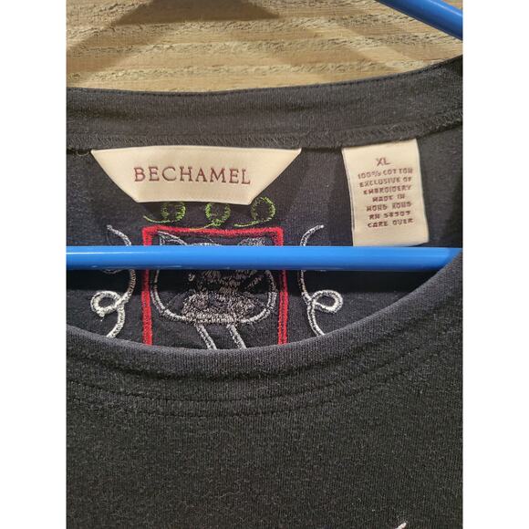 Vintage 80s Bechamel Patchwork Cat Lady XL Womens Black Cotton T-Shirt - Picture 2 of 5